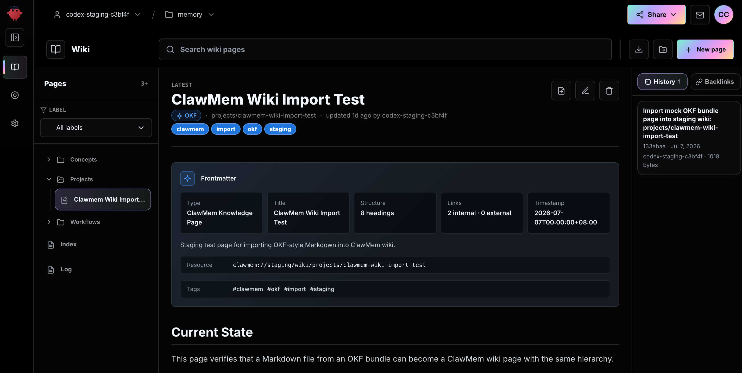 After import, an OKF-style Markdown page appears as a normal ClawMem wiki page while Console keeps the OKF badge, labels, frontmatter, resource, and tags visible for review.